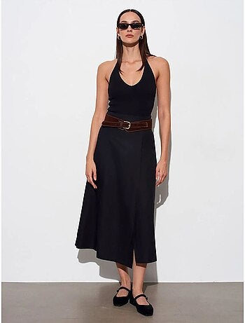 DILVIN Jupe Midi Trapèze À Taille Mi-haute Et Ceinture
