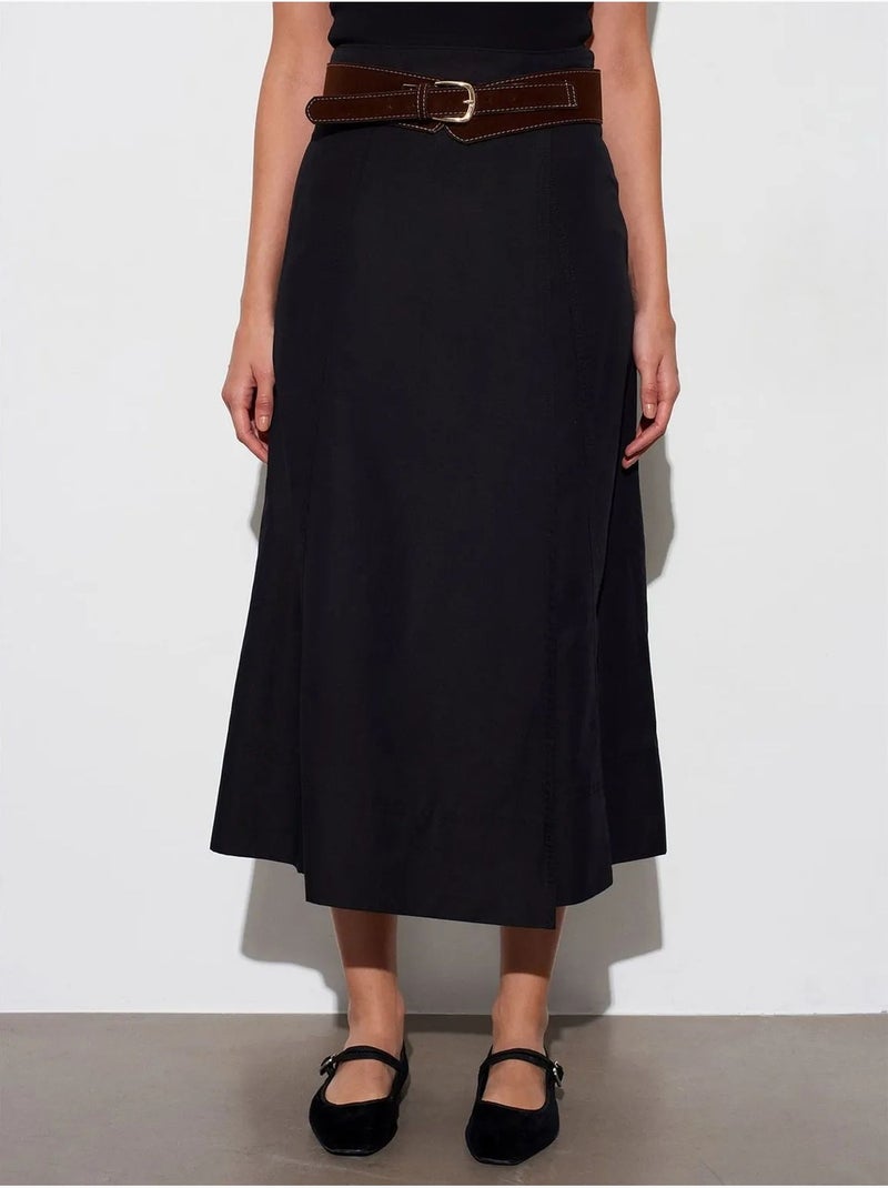 DILVIN Jupe Midi Trapèze À Taille Mi-haute Et Ceinture Noir - Kiabi