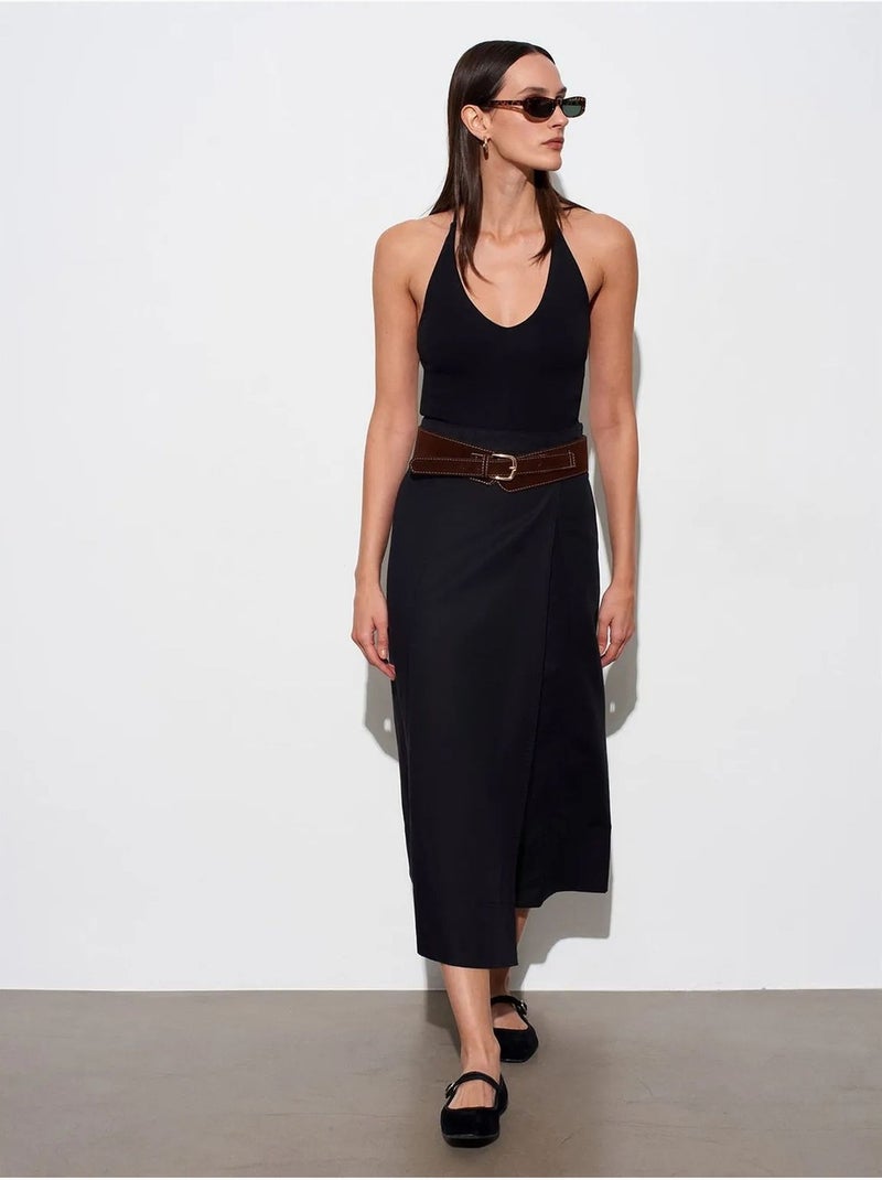DILVIN Jupe Midi Trapèze À Taille Mi-haute Et Ceinture Noir - Kiabi