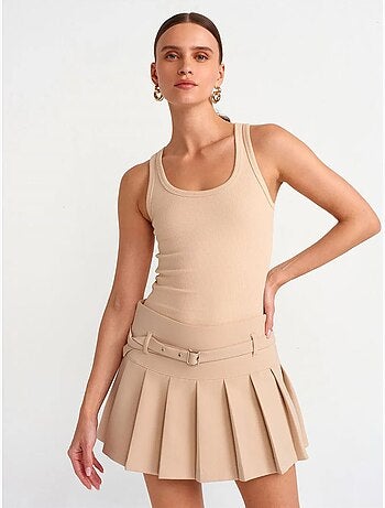 DILVIN Jupe Mini Plissée Taille Haute Avec Ceinture