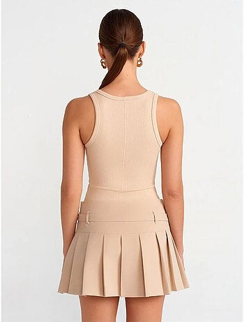 DILVIN Jupe Mini Plissée Taille Haute Avec Ceinture
