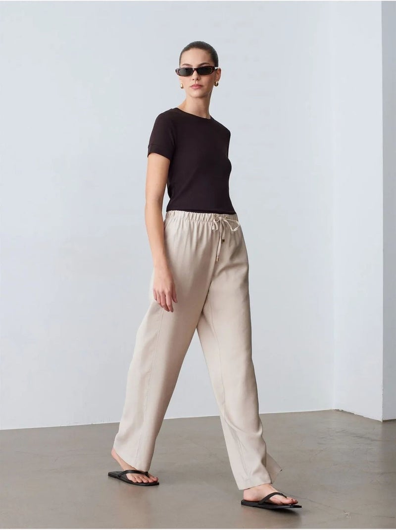 DILVIN Pantalon À Jambe Large Avec Taille Élastique Et Cordon Sable - Kiabi