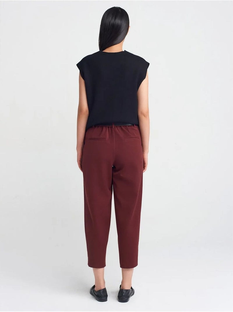 DILVIN Pantalon Capri Femme À Jambe Droite Et Ceinture Rouge bordeaux - Kiabi