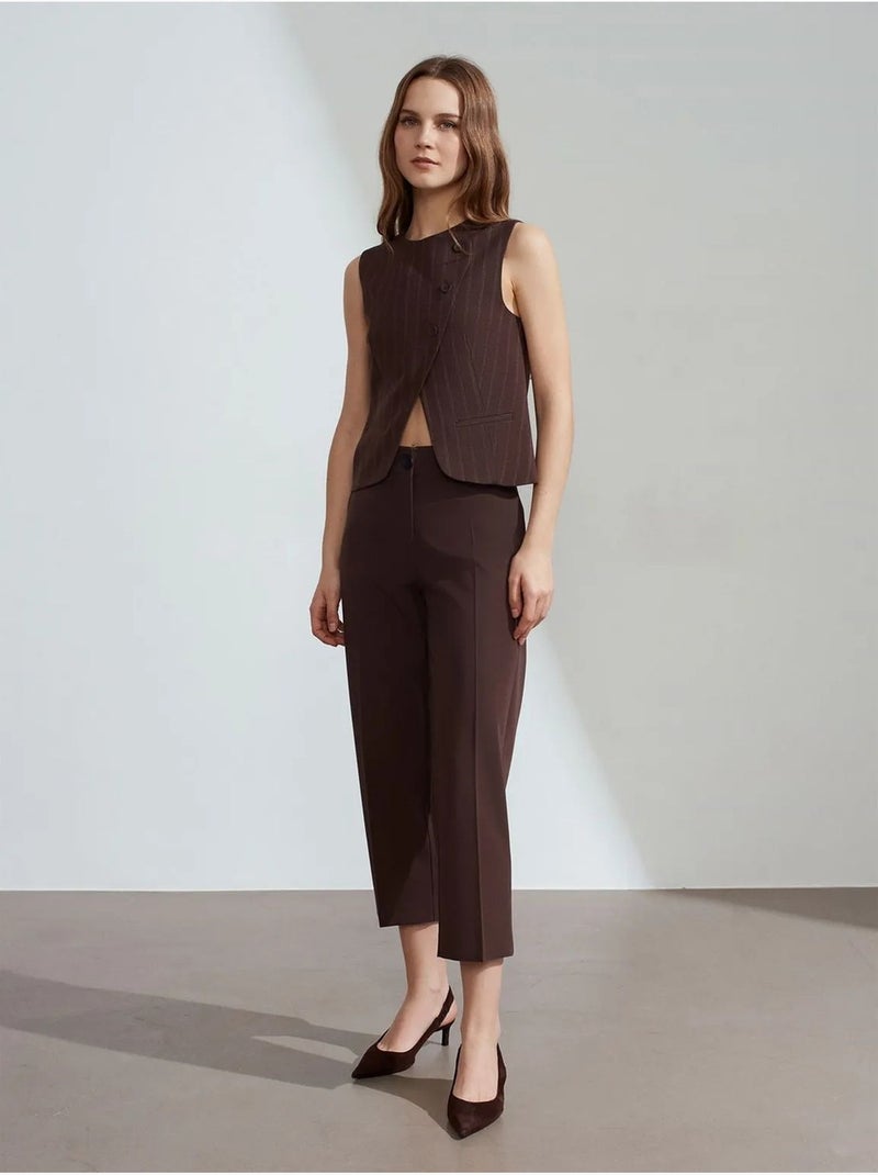 DILVIN Pantalon Capri Femme Taille Haute Avec Ceinture Marron foncé - Kiabi