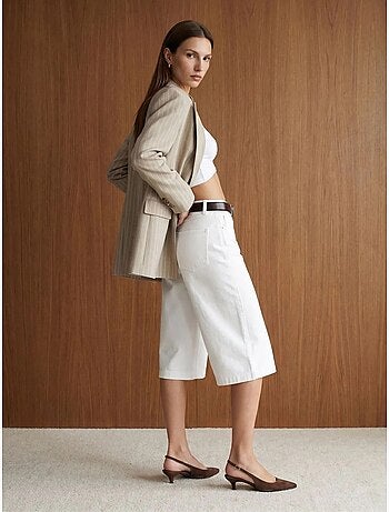 DILVIN Pantalon Capri Rayé À Taille Haute Et Jambe Large