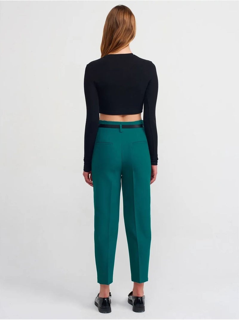 DILVIN Pantalon Droit En Crêpe À Taille Haute Avec Ceinture Vert émeraude - Kiabi