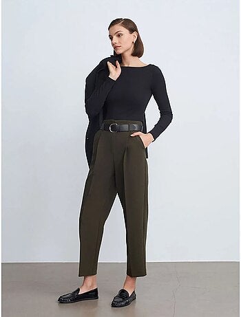 DILVIN Pantalon Droit En Crêpe À Taille Haute Et Ceinture