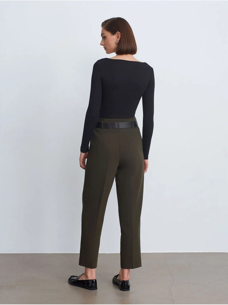 DILVIN Pantalon Droit En Crêpe À Taille Haute Et Ceinture Vert olive - Kiabi