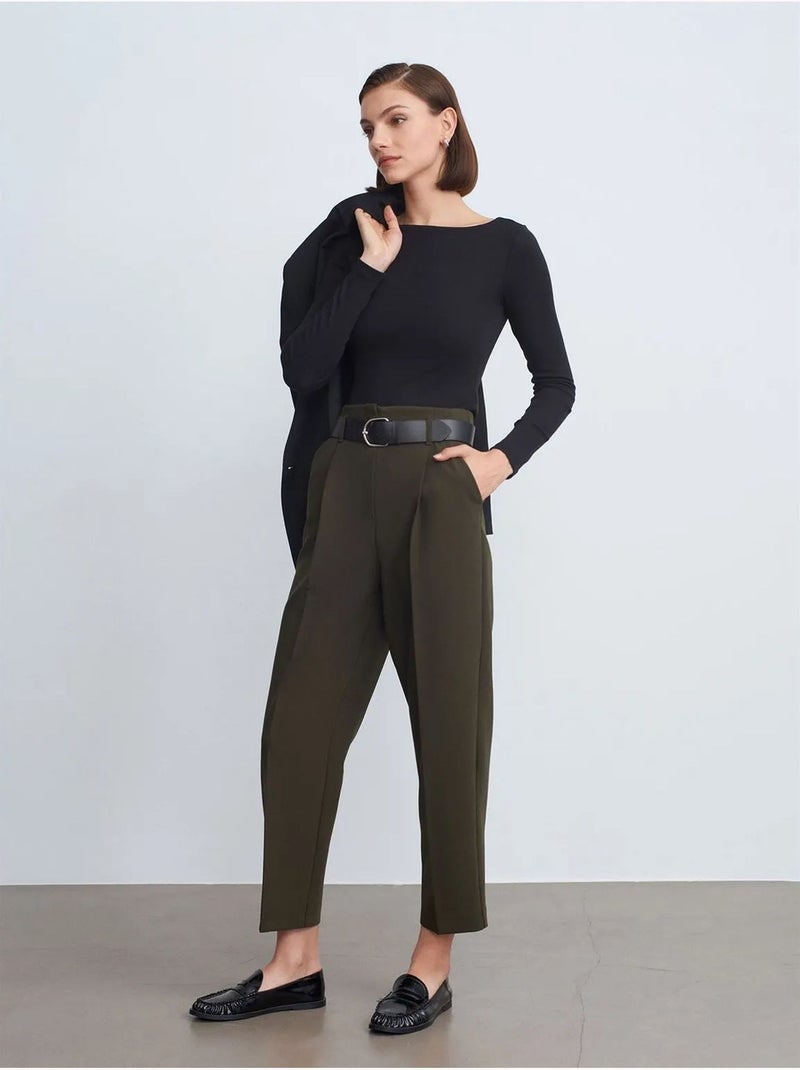 DILVIN Pantalon Droit En Crêpe À Taille Haute Et Ceinture Vert olive - Kiabi