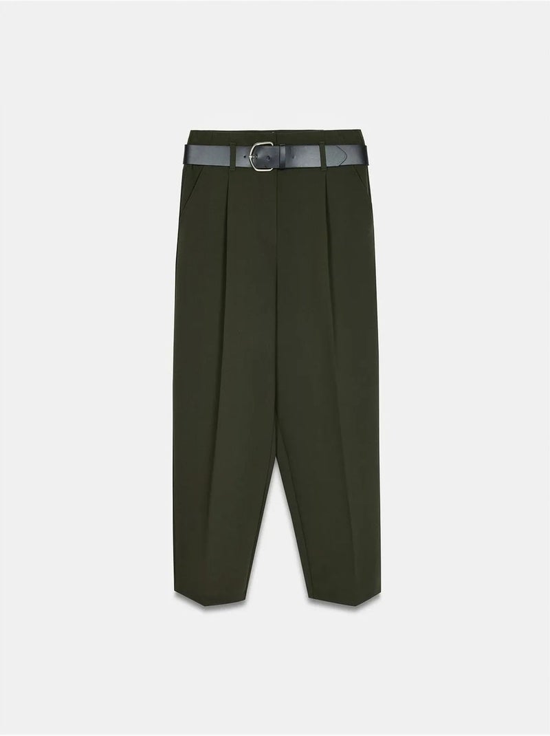 DILVIN Pantalon Droit En Crêpe À Taille Haute Et Ceinture Vert olive - Kiabi