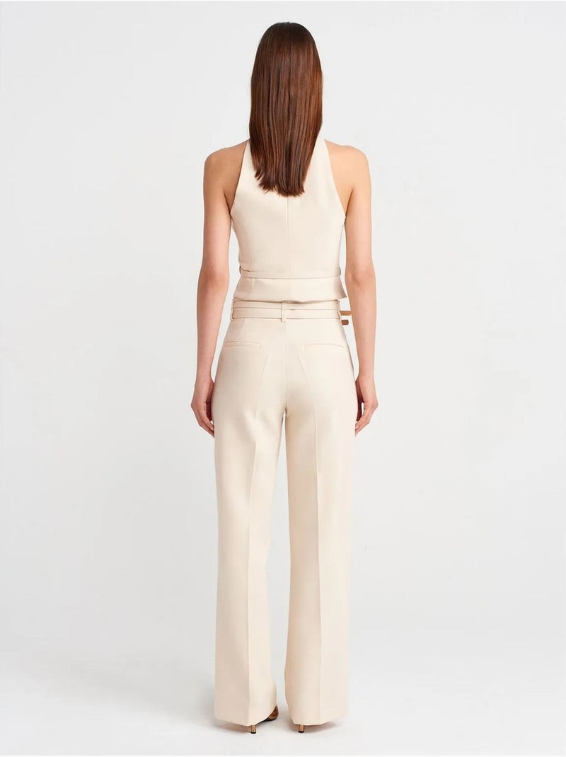 DILVIN Pantalon Droit En Crêpe Avec Ceinture Crème - Kiabi