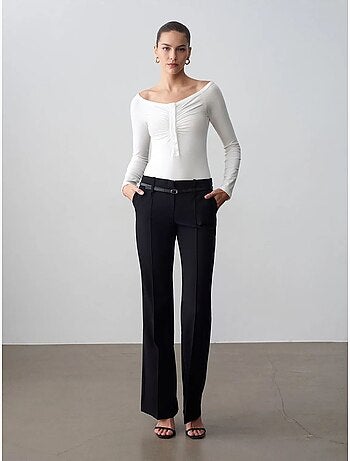 DILVIN Pantalon Droit En Crêpe Avec Ceinture