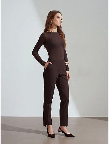 DILVIN Pantalon Droit Femme Taille Mi-haute En Crêpe
