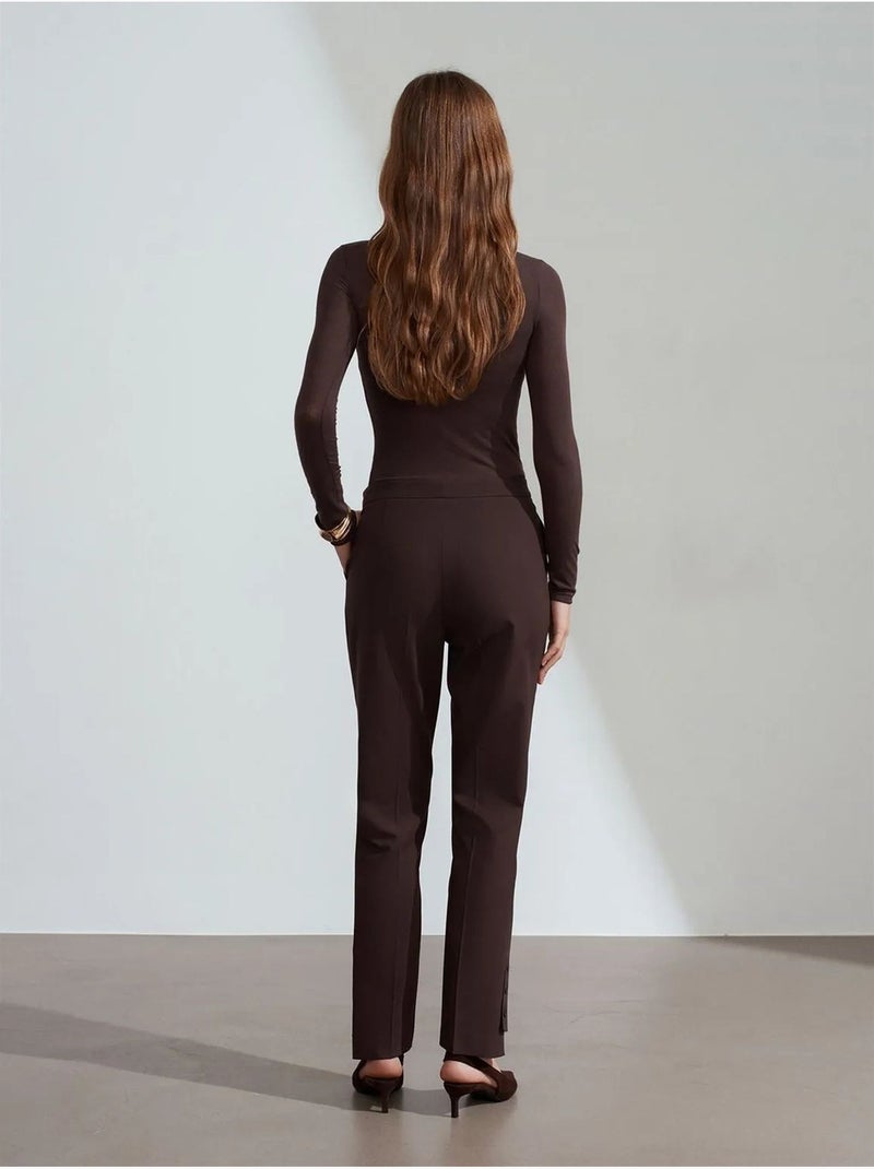 DILVIN Pantalon Droit Femme Taille Mi-haute En Crêpe Marron foncé - Kiabi