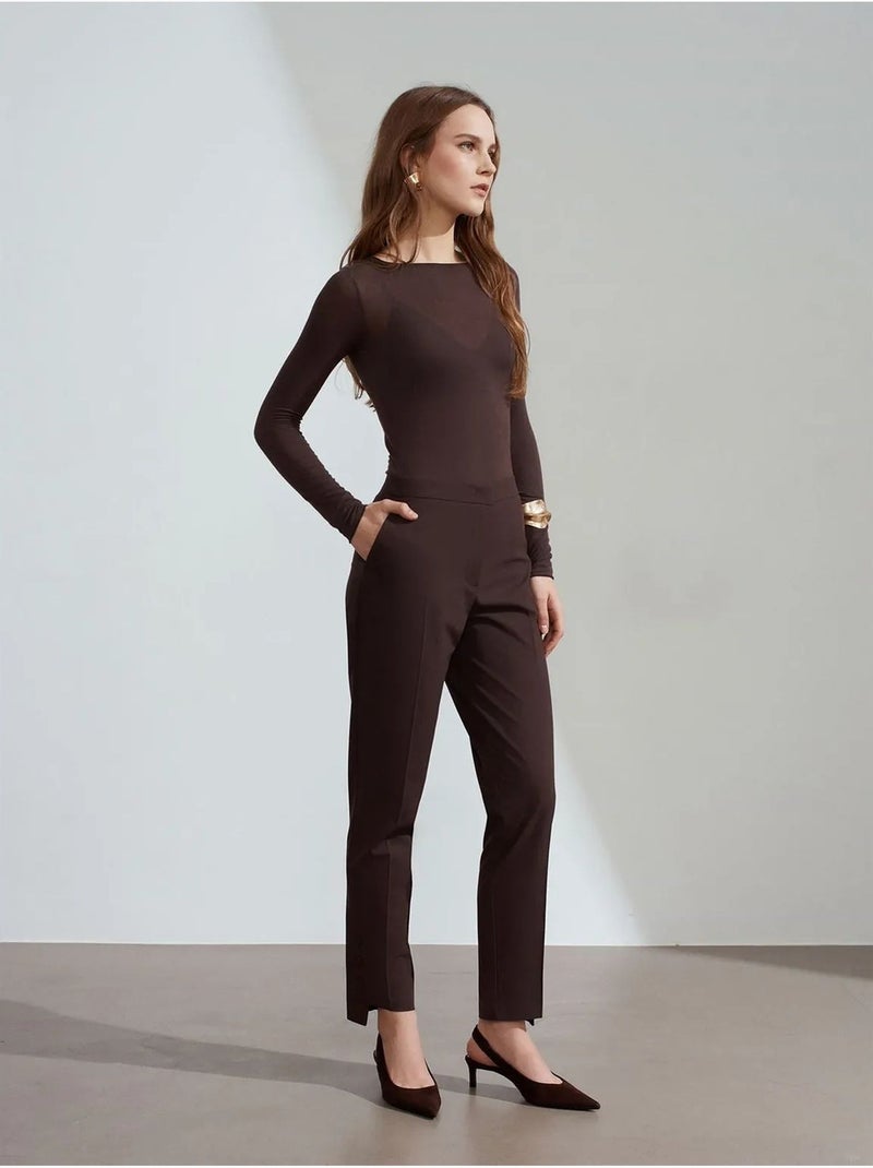 DILVIN Pantalon Droit Femme Taille Mi-haute En Crêpe Marron foncé - Kiabi