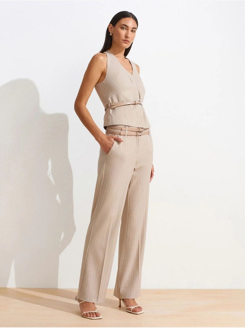 DILVIN Pantalon Droit Rayé Avec Ceinture Beige clair - Kiabi