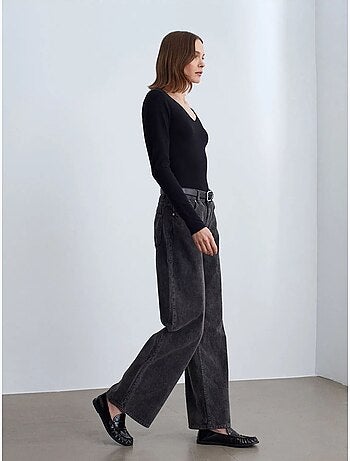 DILVIN Pantalon En Coton À Taille Haute Et Jambe Large