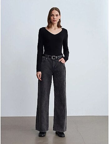 DILVIN Pantalon En Coton À Taille Haute Et Jambe Large