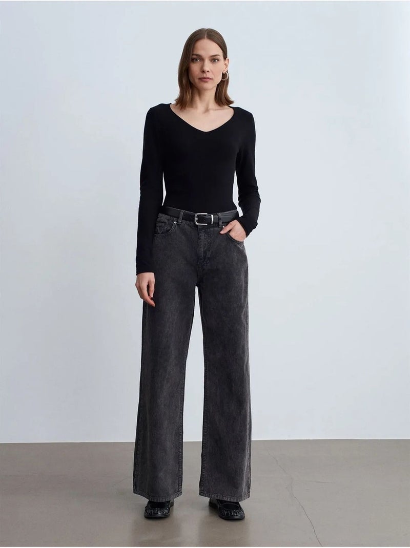 DILVIN Pantalon En Coton À Taille Haute Et Jambe Large gris anthracite - Kiabi