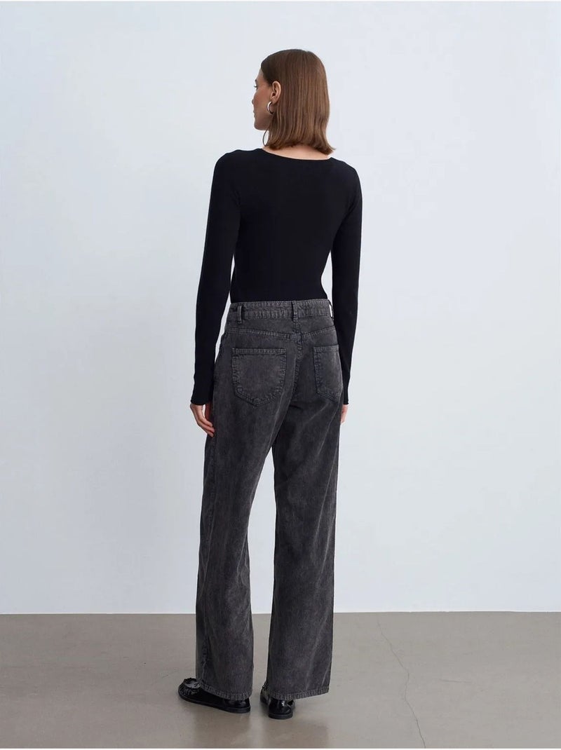 DILVIN Pantalon En Coton À Taille Haute Et Jambe Large gris anthracite - Kiabi