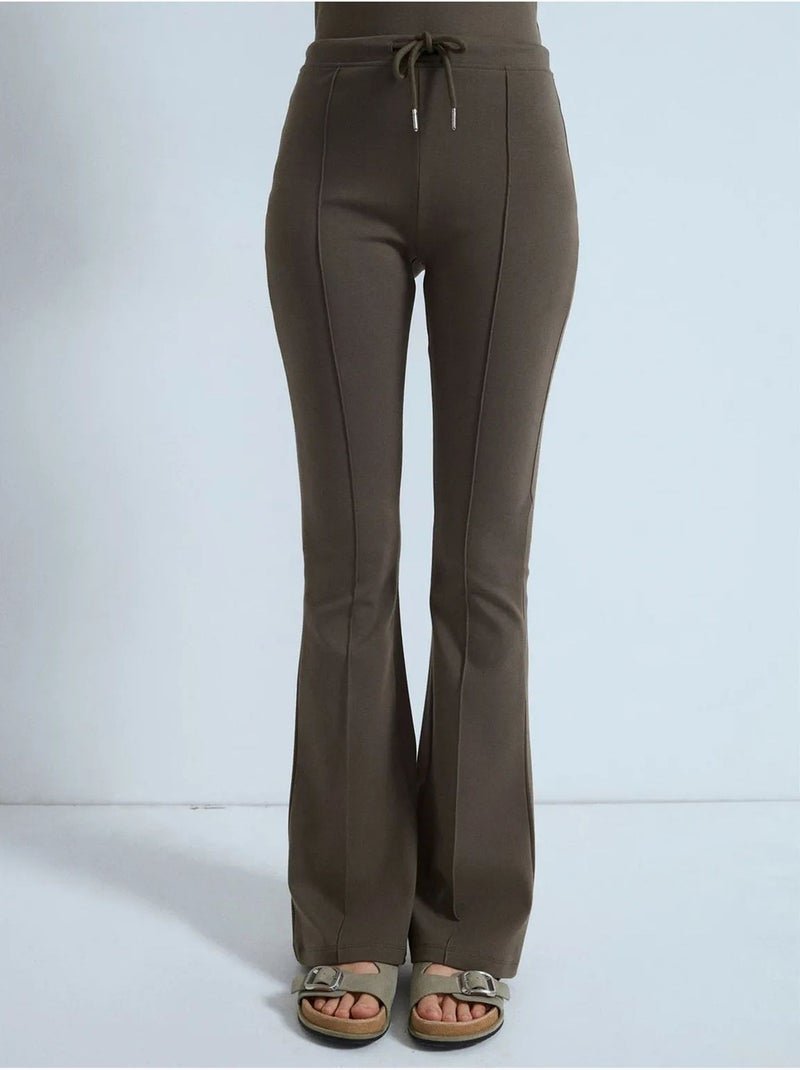DILVIN Pantalon Évasé En Jersey À Taille Mi-haute Et Lien Vert kaki - Kiabi