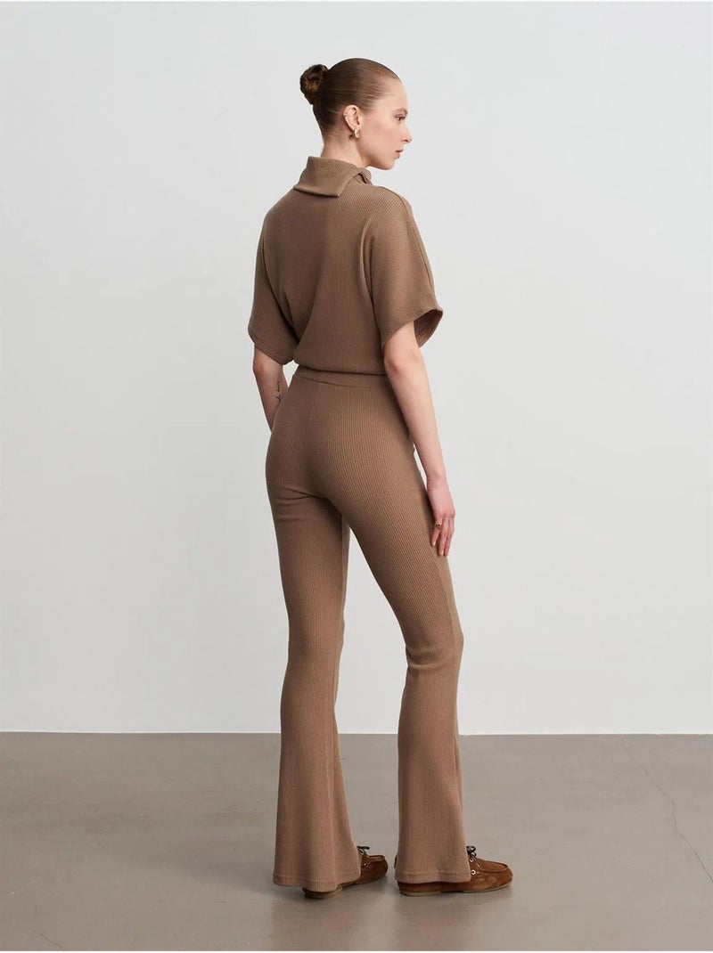 DILVIN Pantalon Évasé En Maille, Taille Haute Camel - Kiabi