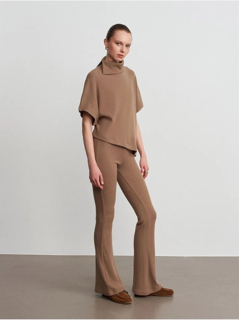 DILVIN Pantalon Évasé En Maille, Taille Haute Camel - Kiabi