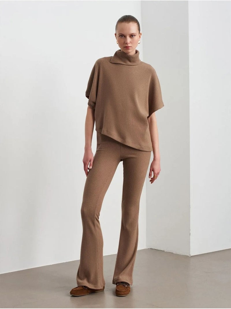 DILVIN Pantalon Évasé En Maille, Taille Haute Camel - Kiabi