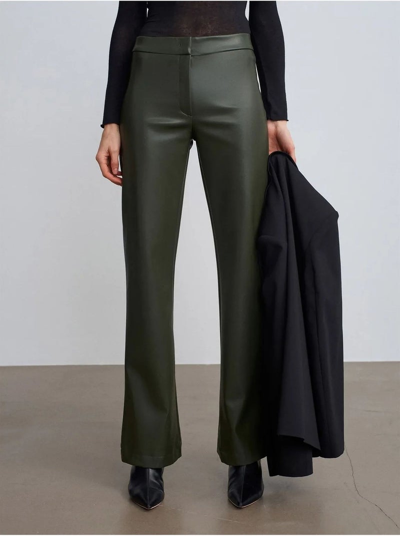 DILVIN Pantalon Évasé Femme En Simili Cuir Vert kaki - Kiabi
