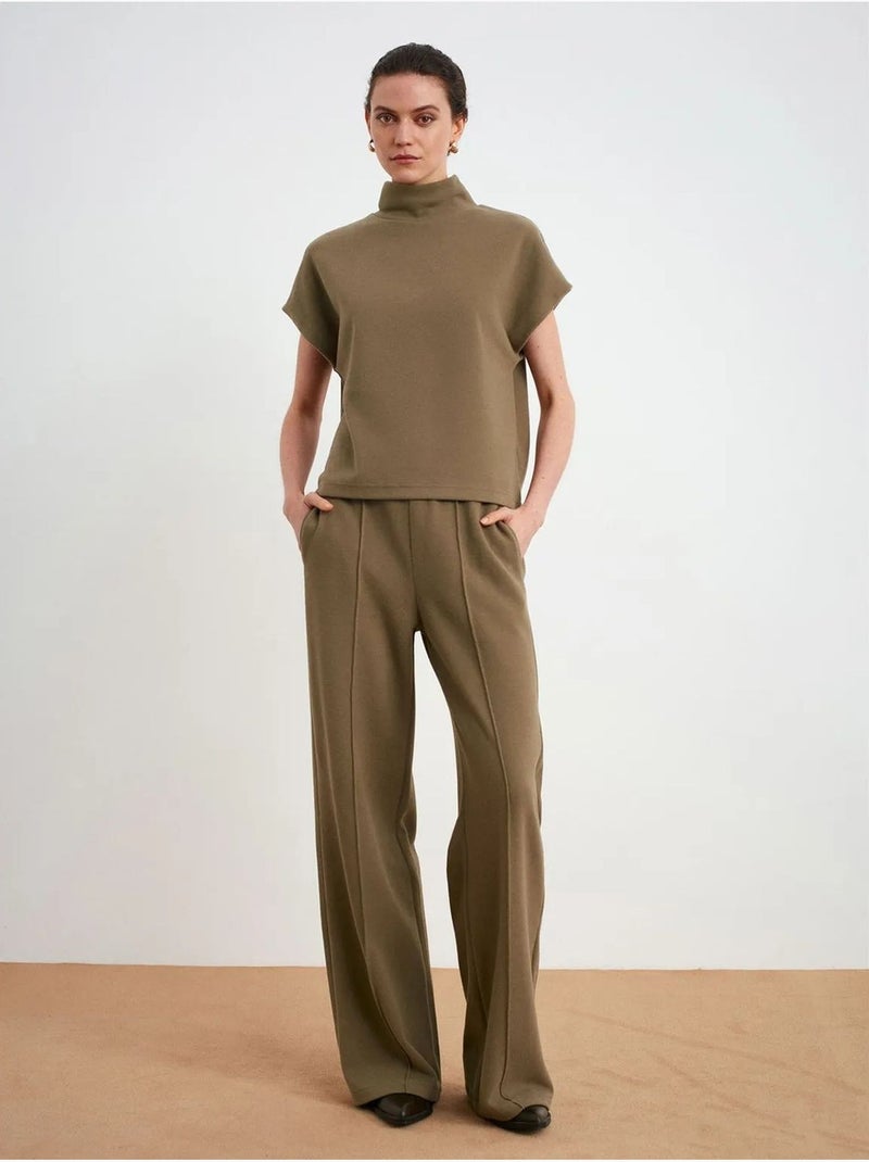 DILVIN Pantalon Femme À Jambes Larges Et Taille Élastique Kaki - Kiabi