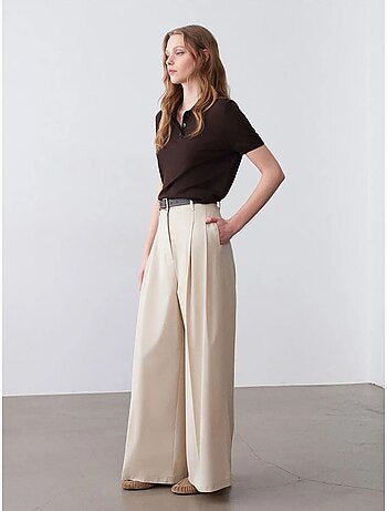 DILVIN Pantalon Femme À Taille Haute Et Jambe Large En Crêpe