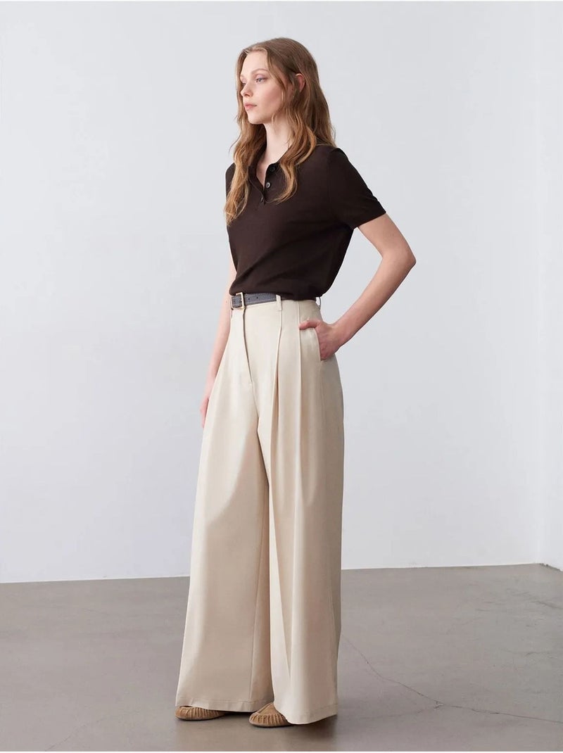 DILVIN Pantalon Femme À Taille Haute Et Jambe Large En Crêpe Beige - Kiabi