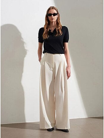 DILVIN Pantalon Femme À Taille Haute Et Jambe Large En Crêpe