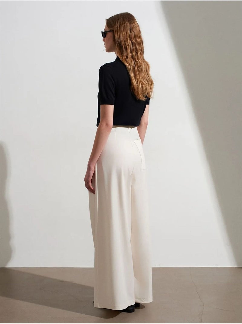 DILVIN Pantalon Femme À Taille Haute Et Jambe Large En Crêpe Crème - Kiabi