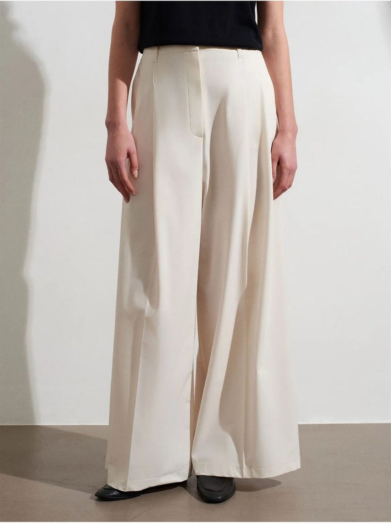 DILVIN Pantalon Femme À Taille Haute Et Jambe Large En Crêpe Crème - Kiabi