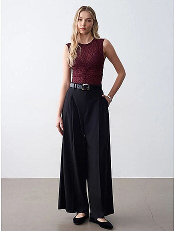 DILVIN Pantalon Femme À Taille Haute Et Jambe Large En Crêpe