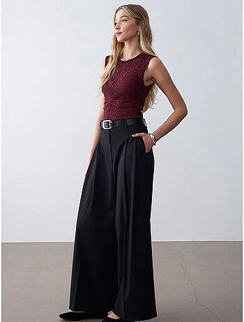 DILVIN Pantalon Femme À Taille Haute Et Jambe Large En Crêpe