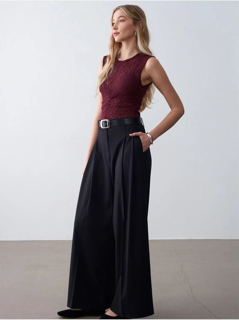 DILVIN Pantalon Femme À Taille Haute Et Jambe Large En Crêpe Noir - Kiabi