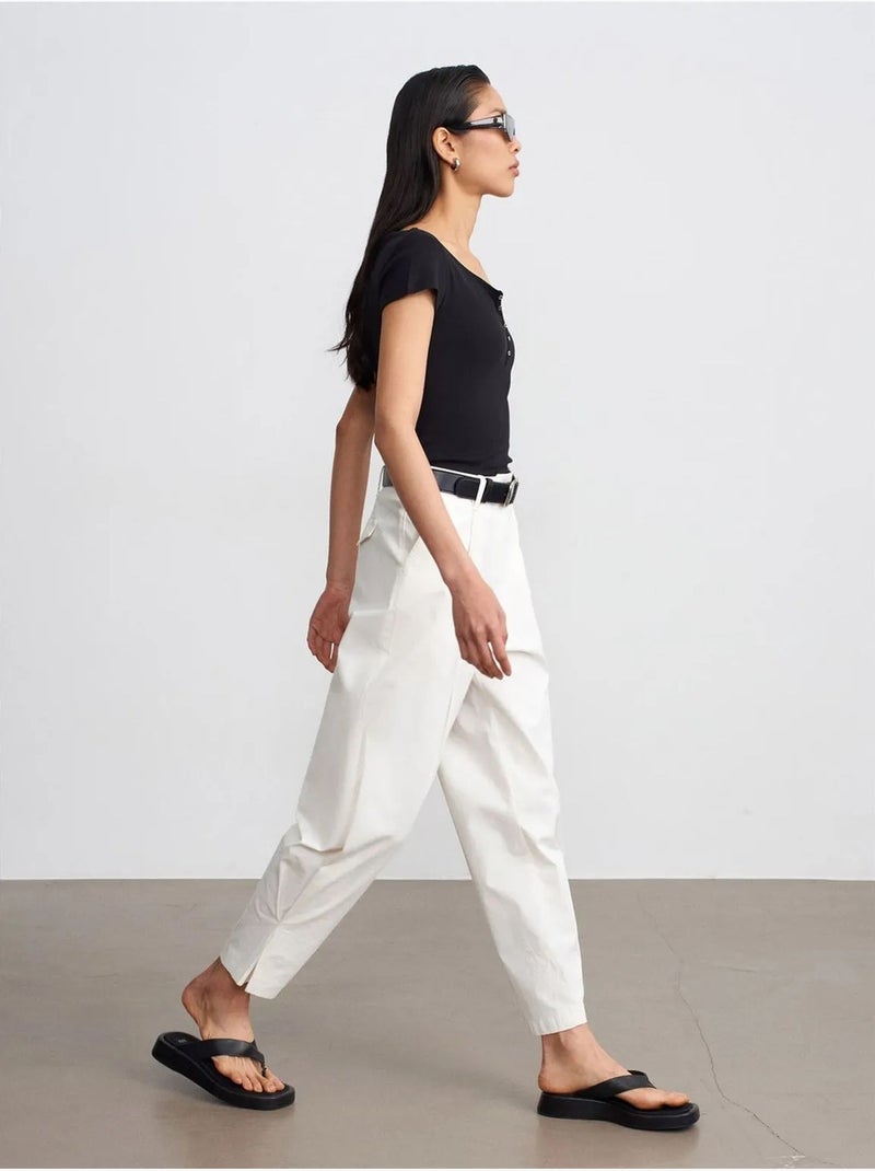 DILVIN Pantalon Femme À Taille Haute Et Jambe Large En Popeline Blanc cassé - Kiabi
