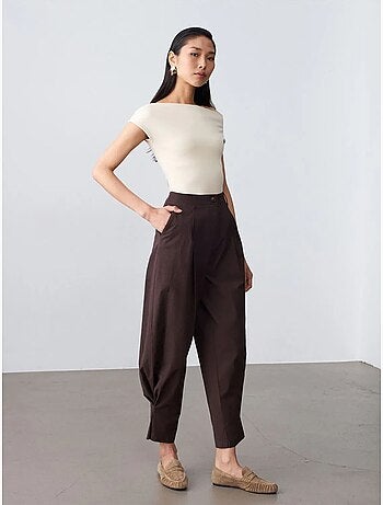 DILVIN Pantalon Femme À Taille Haute Et Jambe Large En Popeline