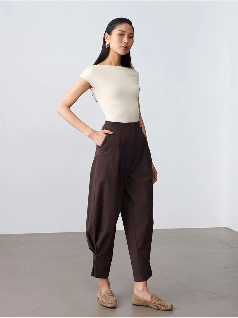 DILVIN Pantalon Femme À Taille Haute Et Jambe Large En Popeline Marron chocolat - Kiabi