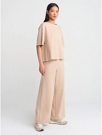 DILVIN Pantalon Femme En Maille À Taille Haute Et Jambe Large