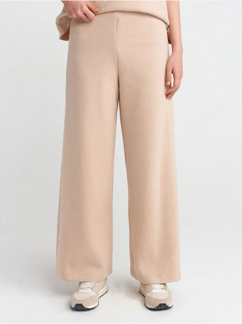 DILVIN Pantalon Femme En Maille À Taille Haute Et Jambe Large Beige - Kiabi