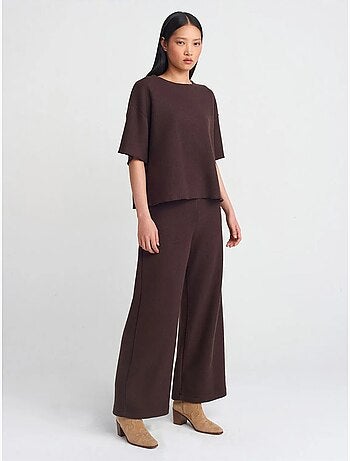 DILVIN Pantalon Femme En Maille À Taille Haute Et Jambe Large