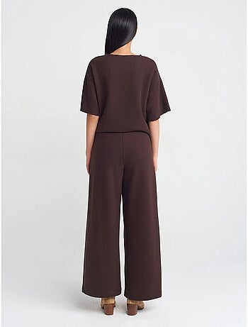 DILVIN Pantalon Femme En Maille À Taille Haute Et Jambe Large
