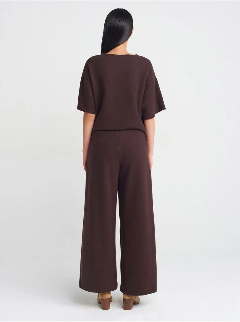 DILVIN Pantalon Femme En Maille À Taille Haute Et Jambe Large Marron chocolat - Kiabi