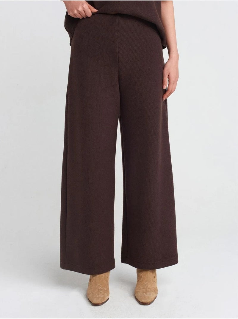 DILVIN Pantalon Femme En Maille À Taille Haute Et Jambe Large Marron chocolat - Kiabi