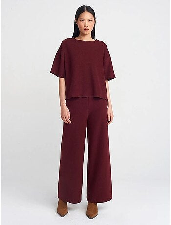 DILVIN Pantalon Femme En Maille À Taille Haute Et Jambe Large