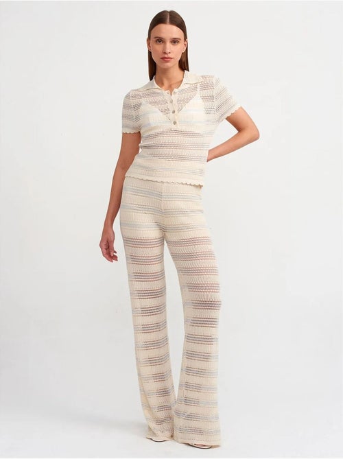 DILVIN Pantalon Femme En Maille Rayée À Taille Haute Et Jambe Large - Kiabi