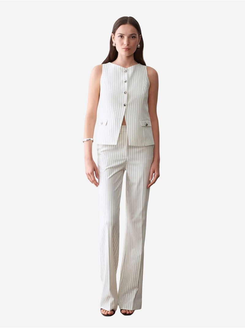 DILVIN Pantalon Femme Large À Rayures, Taille Mi-haute Blanc cassé - Kiabi